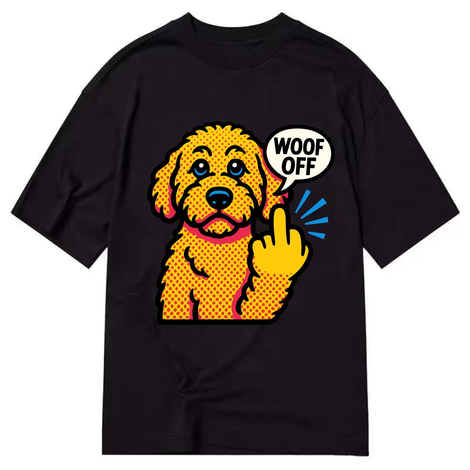 Goldendoodle with teddy bear face and curly golden coat, friendly paw flipping off - Classic T-shirt - Black
