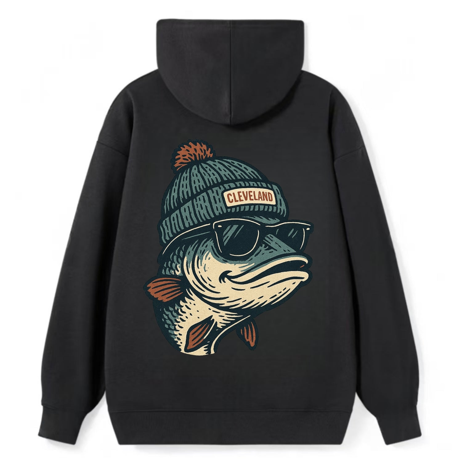 Cleveland Lake Erie Walleye wearing Cleveland beanie with pom pom and - Classic Pullover Hoodie - Black