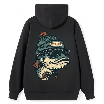 Cleveland Lake Erie Walleye wearing Cleveland beanie with pom pom and - Classic Pullover Hoodie - Black