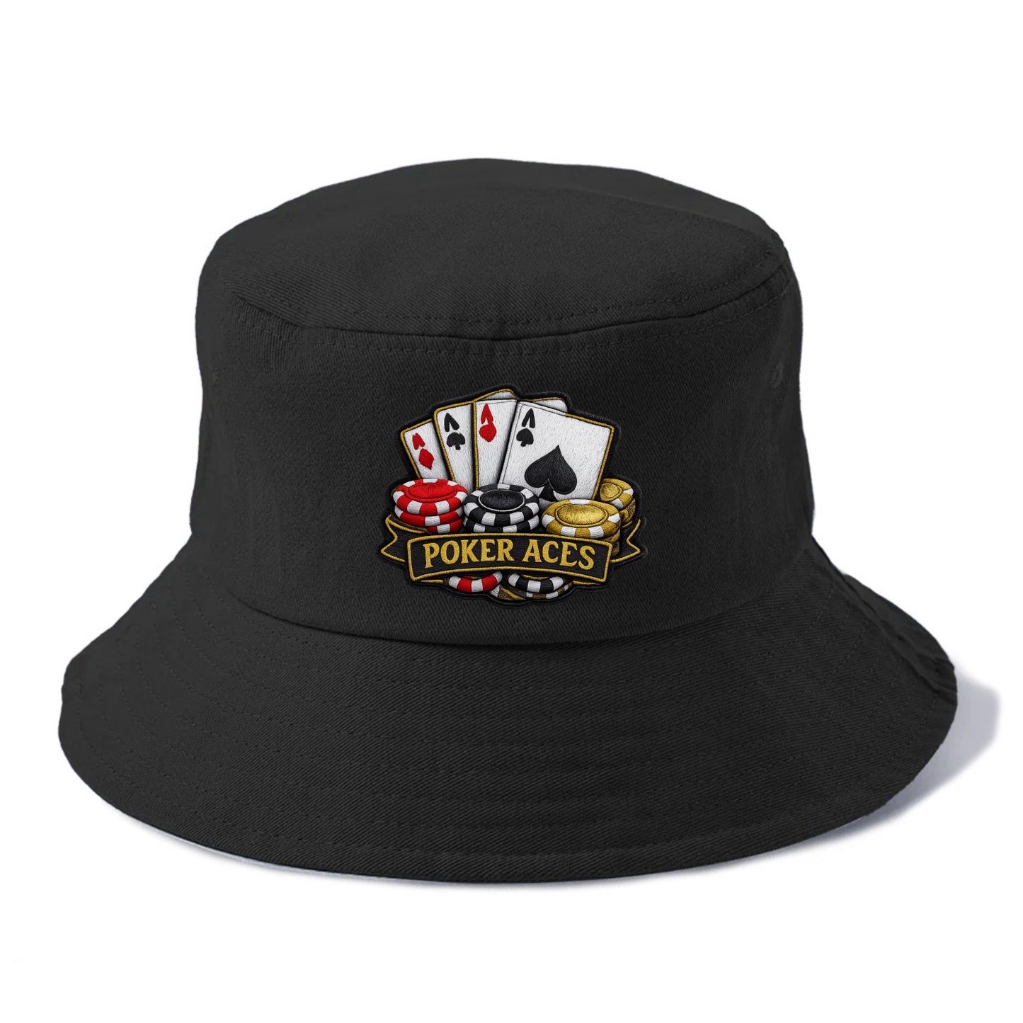 Embroidered patch design - POKER ACES - four aces with chips in red, black and gold - Bucket Hat - Black