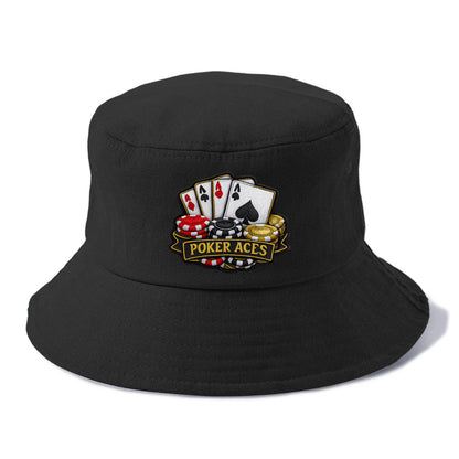 Embroidered patch design - POKER ACES - four aces with chips in red, black and gold - Bucket Hat - Black