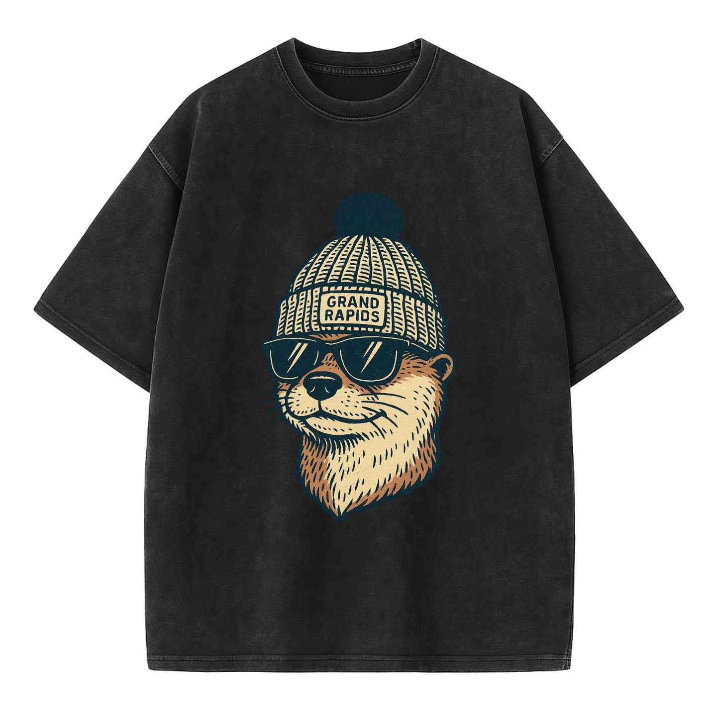 Grand Rapids River Otter wearing Grand Rapids beanie with pom pom and wayfarer - Vintage T-shirt - Black