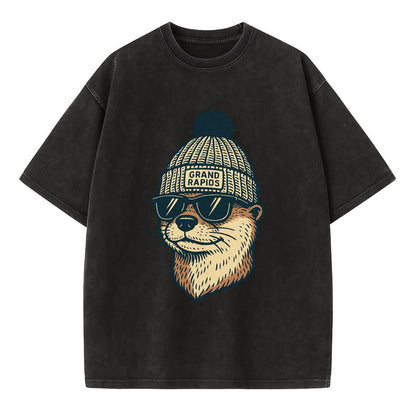 Grand Rapids River Otter wearing Grand Rapids beanie with pom pom and wayfarer - Vintage T-shirt - Black