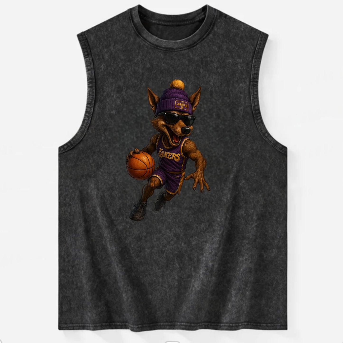 Hollywood Coyote wearing Lakers beanie with Showtime patch and wayfarer - Vintage Washed Tank - Black