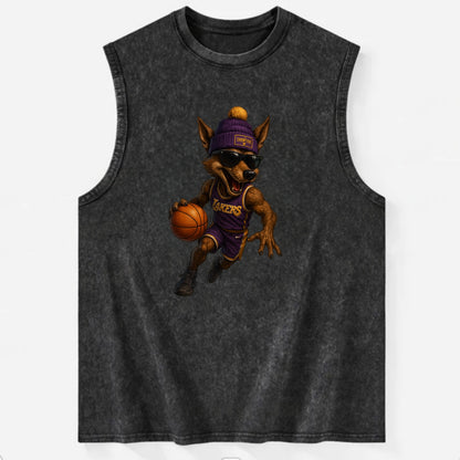 Hollywood Coyote wearing Lakers beanie with Showtime patch and wayfarer - Vintage Washed Tank - Black