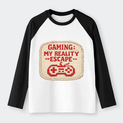 GAMING: MY REALITY ESCAPE - red game escape - red - gaming reality - Raglan Long Sleeve T-Shirt - Black