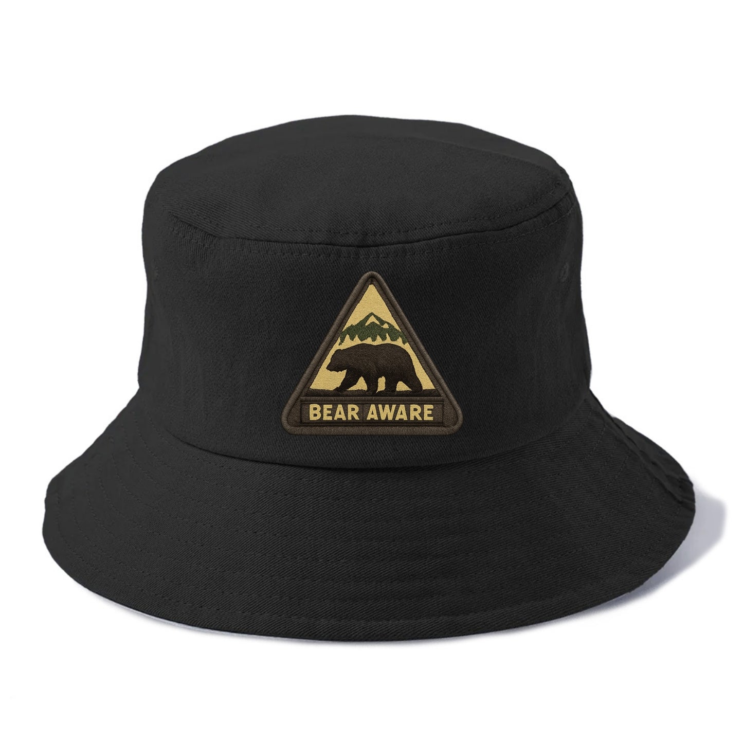 BEAR AWARE - bear silhouette warning in brown and yellow , wilderness safety - Bucket Hat - Black
