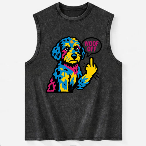 Aussiedoodle with merle patches and curly coat, playful smart paw raised - Vintage Washed Tank