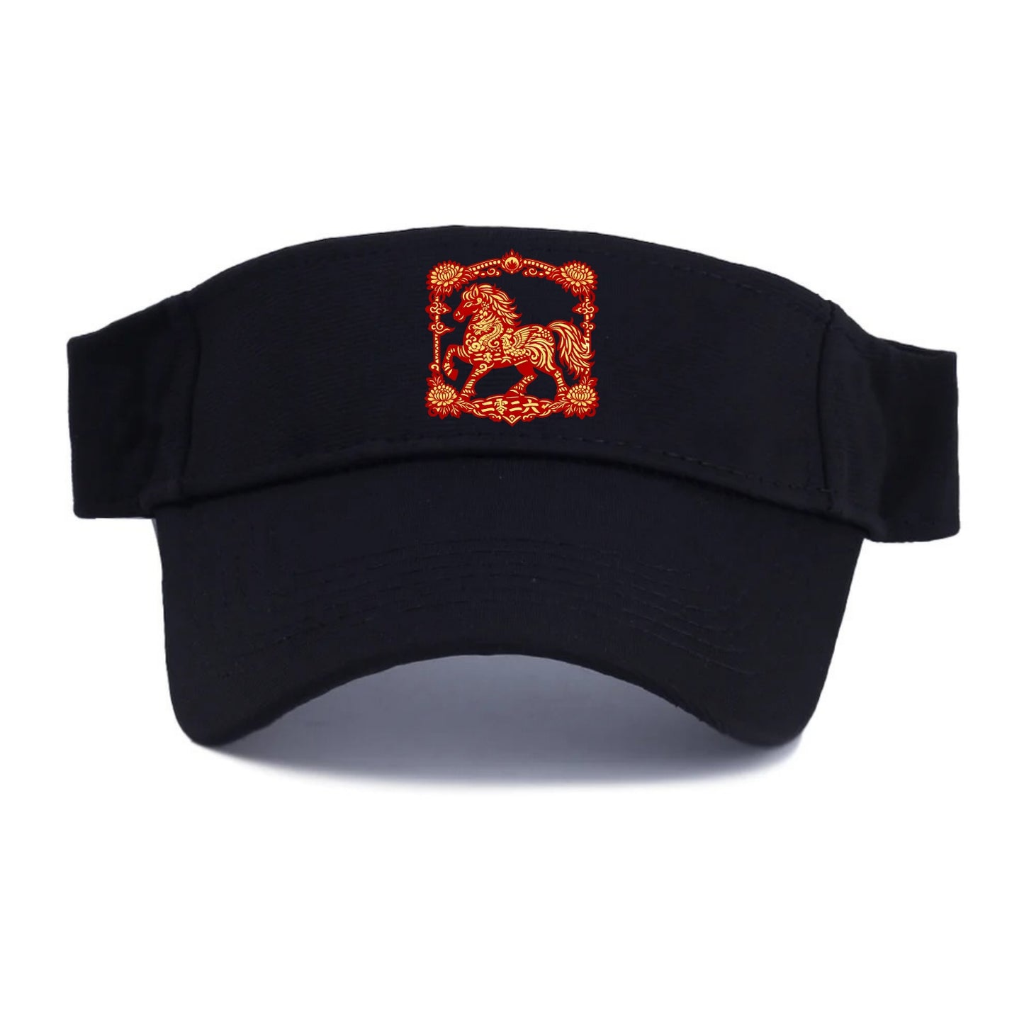 HORSE | Silk style horse design | Gold and silver thread appearance | Phoenix and dragon - Visor - Black