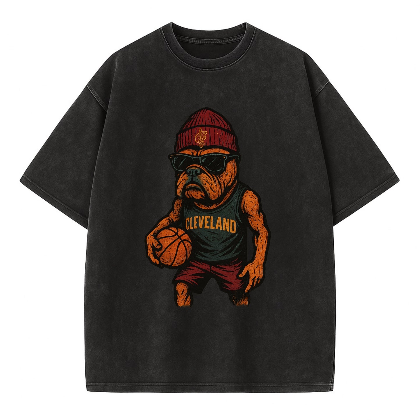 Cleveland Bulldog wearing Cavaliers wine and gold beanie with sword patch and - Vintage T-shirt - Black