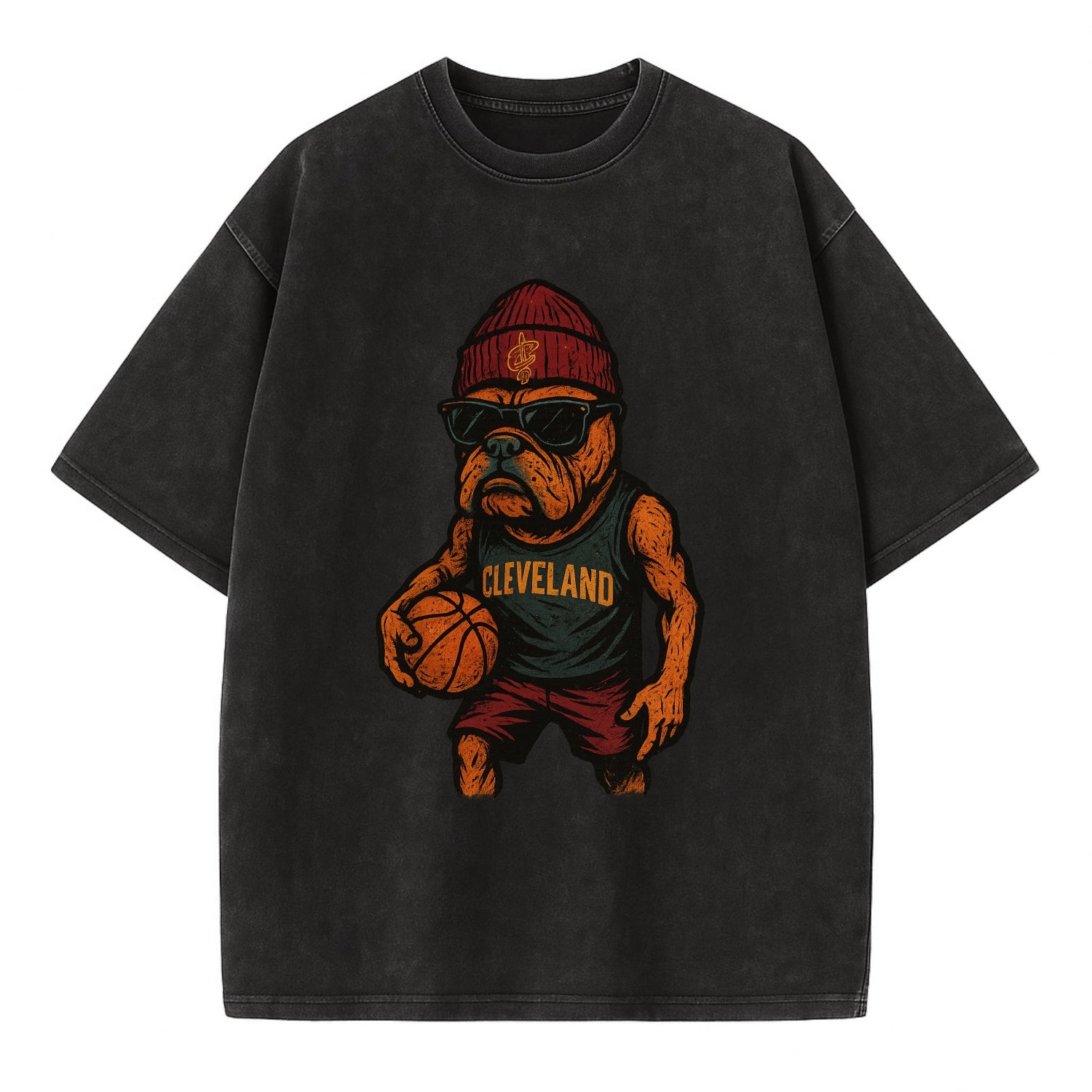 Cleveland Bulldog wearing Cavaliers wine and gold beanie with sword patch and - Vintage T-shirt - Black