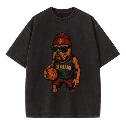 Cleveland Bulldog wearing Cavaliers wine and gold beanie with sword patch and - Vintage T-shirt - Black