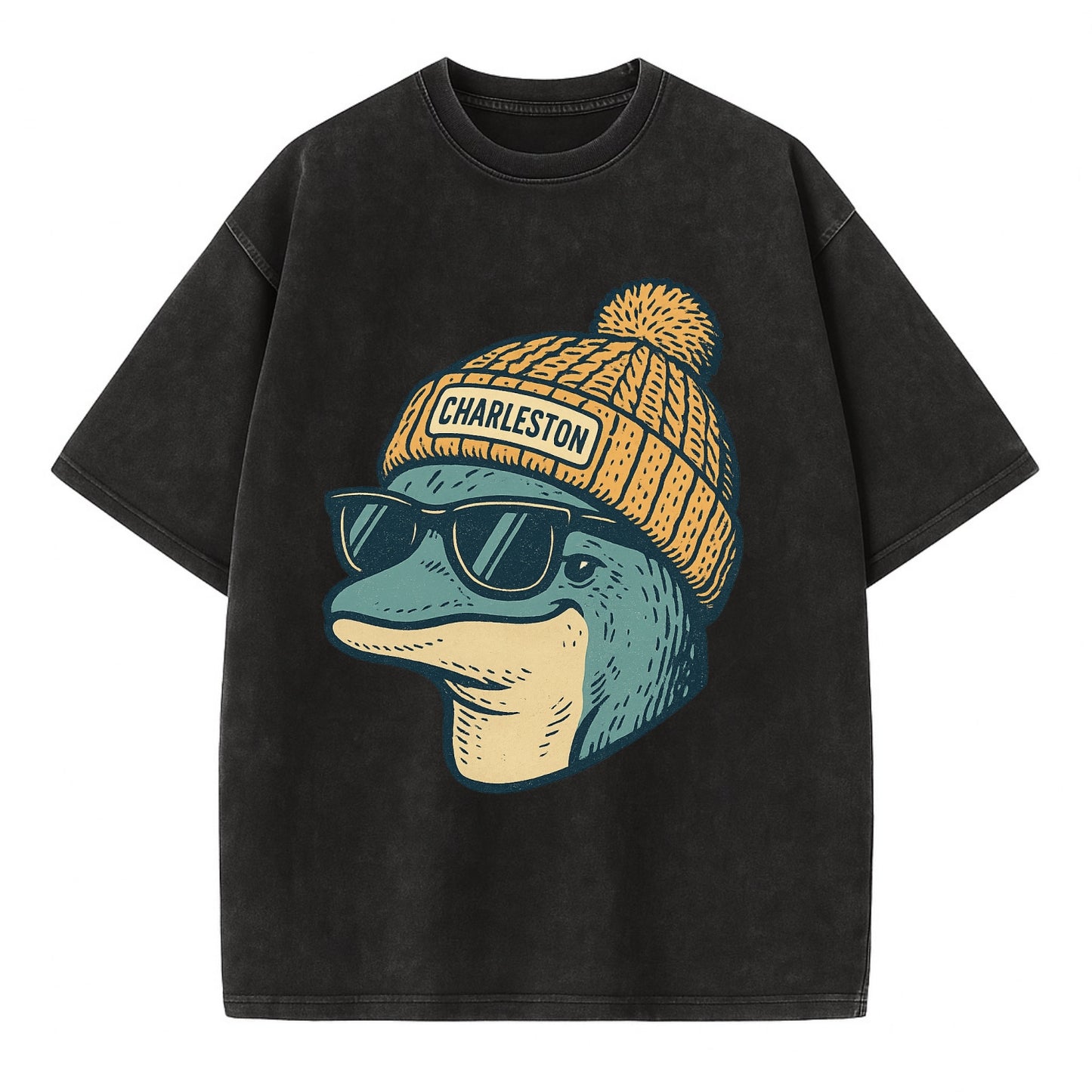 Charleston Dolphin wearing Charleston beanie with pom pom and wayfarer sunglasses - Vintage T-shirt - Black