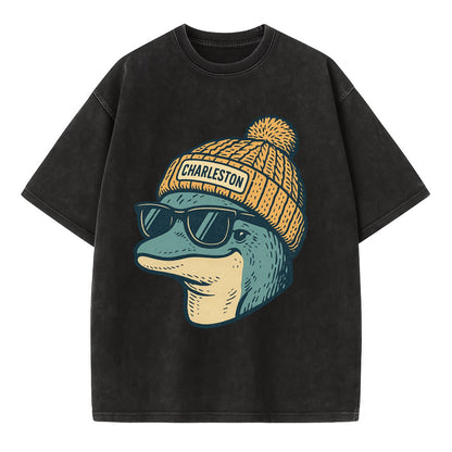 Charleston Dolphin wearing Charleston beanie with pom pom and wayfarer sunglasses - Vintage T-shirt - Black