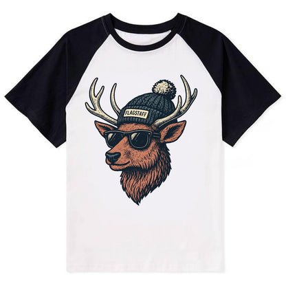 Flagstaff Elk wearing Flagstaff beanie with pom pom and wayfarer - Contrast Raglan T-shirt - Black