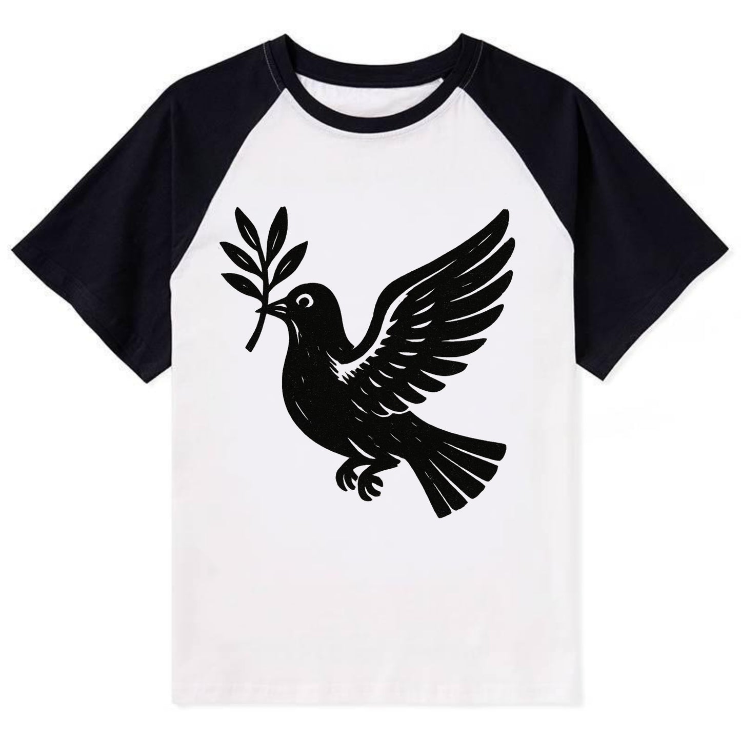 Dove carrying olive branch - peace movement ink painting - Contrast Raglan T-shirt - Black