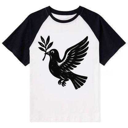 Dove carrying olive branch - peace movement ink painting - Contrast Raglan T-shirt - Black