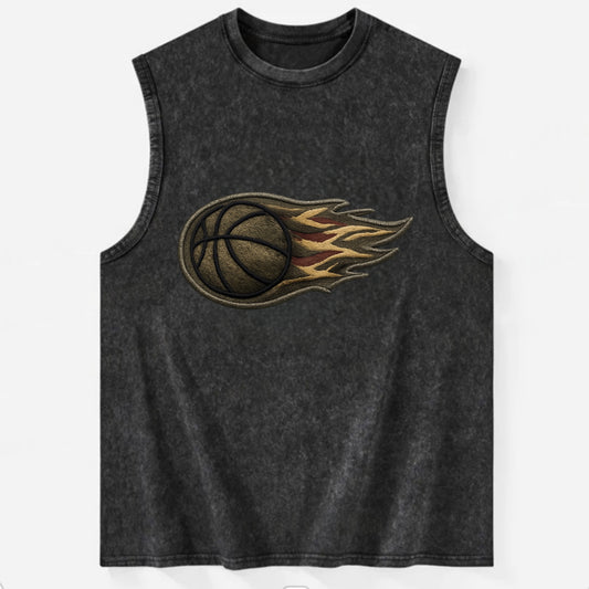 BASKETBALL FLAMING BALL - basketball with flames in orange and red , dynamic - Vintage Washed Tank - Black