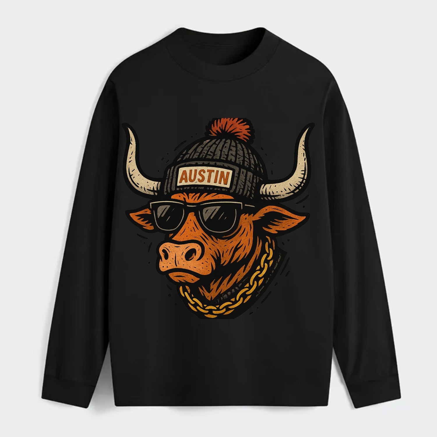Texas Longhorn wearing Austin beanie with pom pom and wayfarer - Classic Long Sleeve Shirt - Black