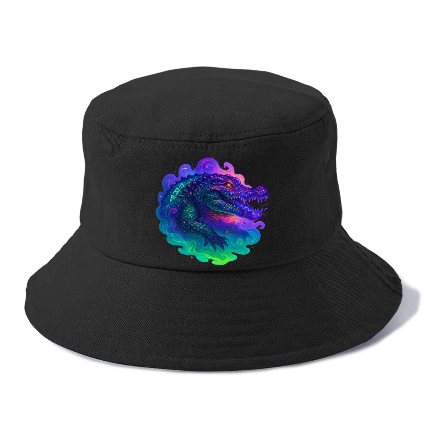 Primordial crocodile with scales pulsing plasma energy in green and purple, ancient - Bucket Hat - Black