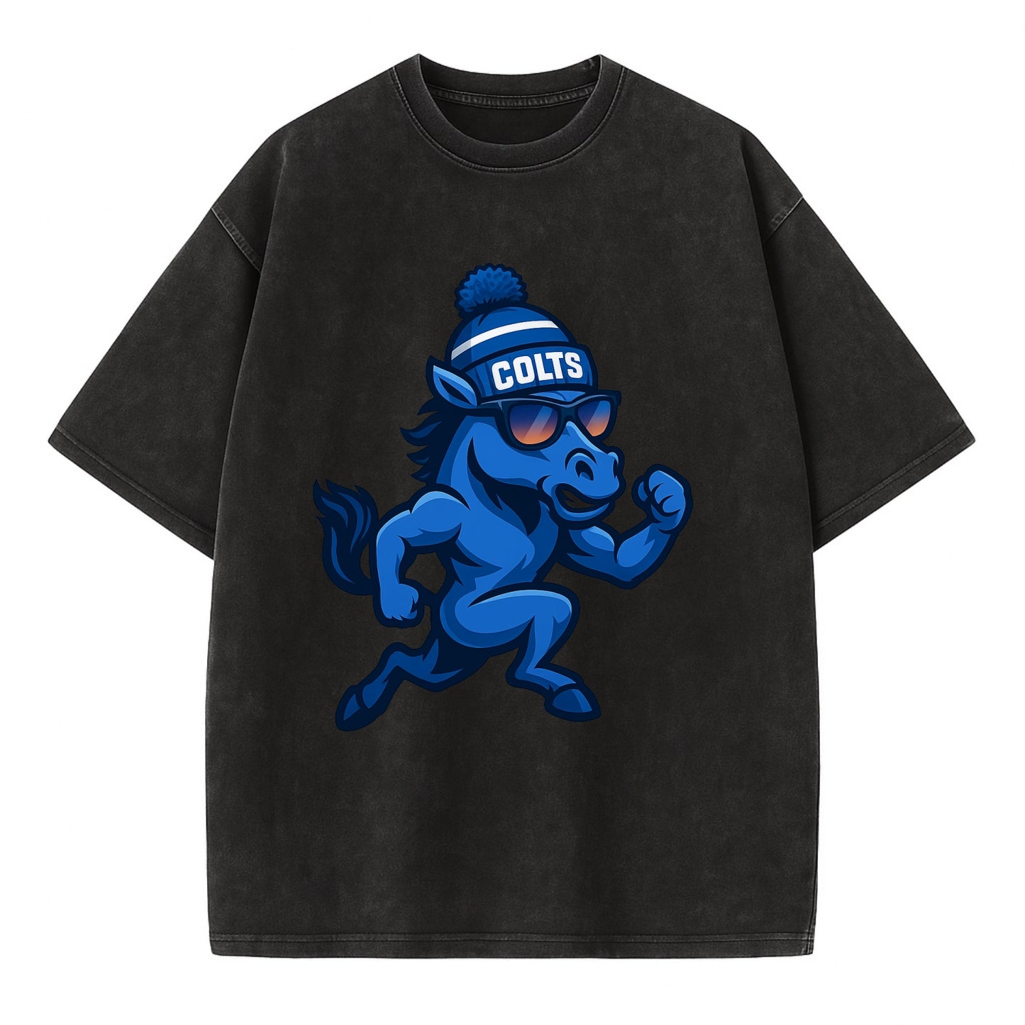 Indianapolis Colt Horse wearing Colts blue and white beanie with pom pom and - Vintage T-shirt - Black