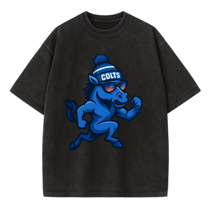 Indianapolis Colt Horse wearing Colts blue and white beanie with pom pom and - Vintage T-shirt - Black