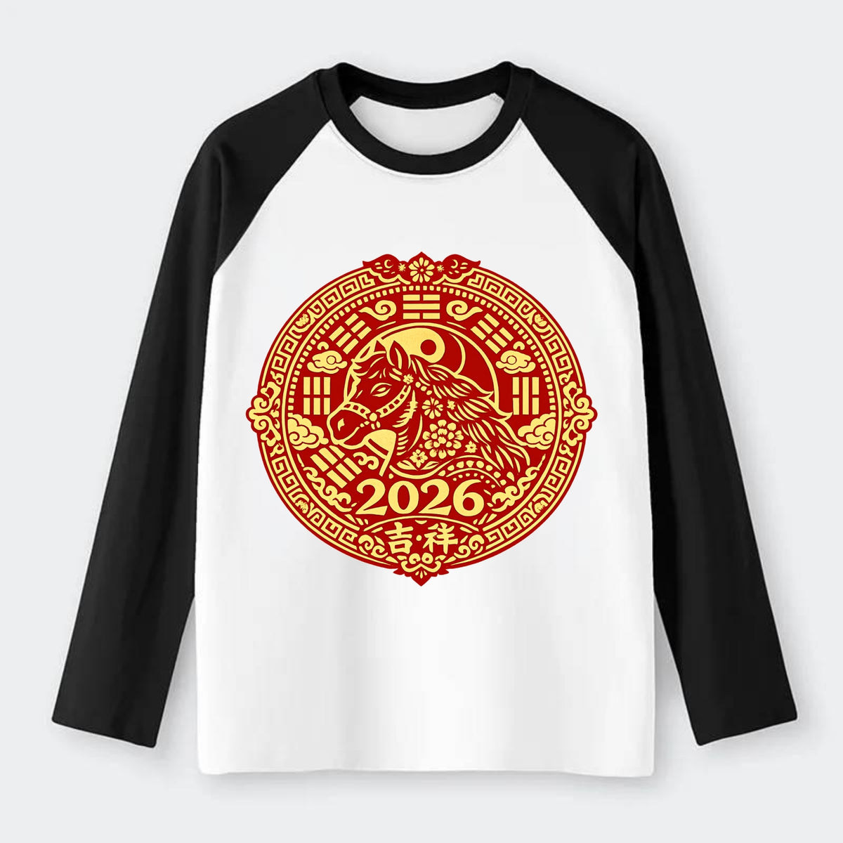 LUCKY HORSE MEDALLION | Circular medallion with horse profile | - Raglan Long Sleeve T-Shirt - Black