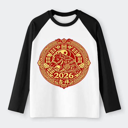 LUCKY HORSE MEDALLION | Circular medallion with horse profile | - Raglan Long Sleeve T-Shirt - Black