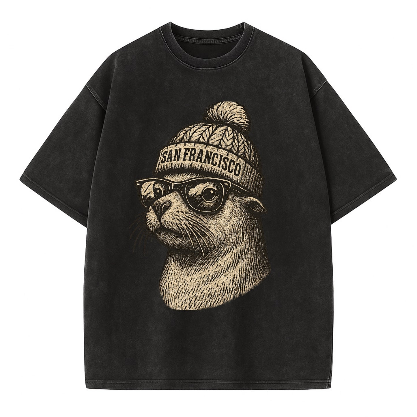 San Francisco Sea Lion wearing San Francisco beanie with pom pom and wayfarer - Vintage T-shirt - Black