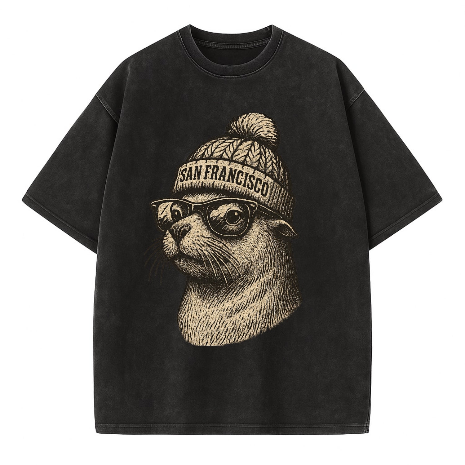 San Francisco Sea Lion wearing San Francisco beanie with pom pom and wayfarer - Vintage T-shirt - Black