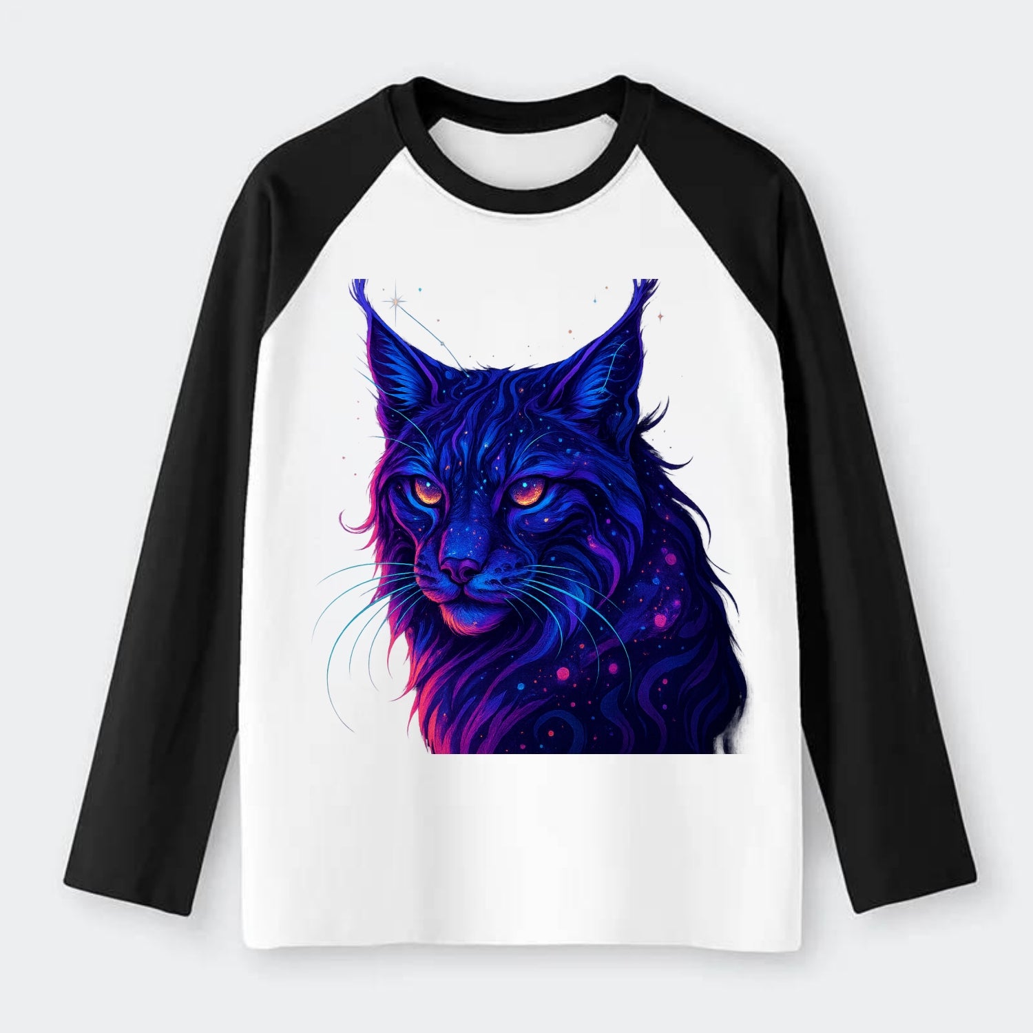 Stealthy lynx with ear tufts forming constellation patterns, nebula - Raglan Long Sleeve T-Shirt - Black
