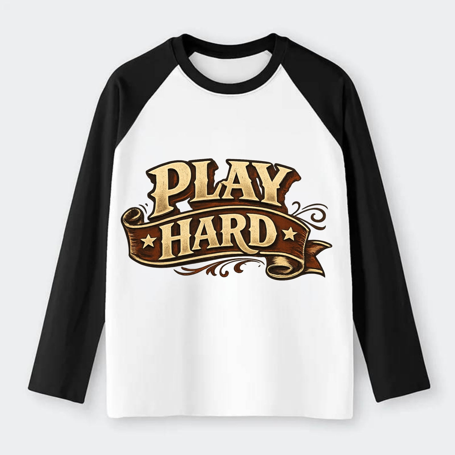 Bold typography design - "PLAY HARD" - giving your all, full effort - Raglan Long Sleeve T-Shirt - Black