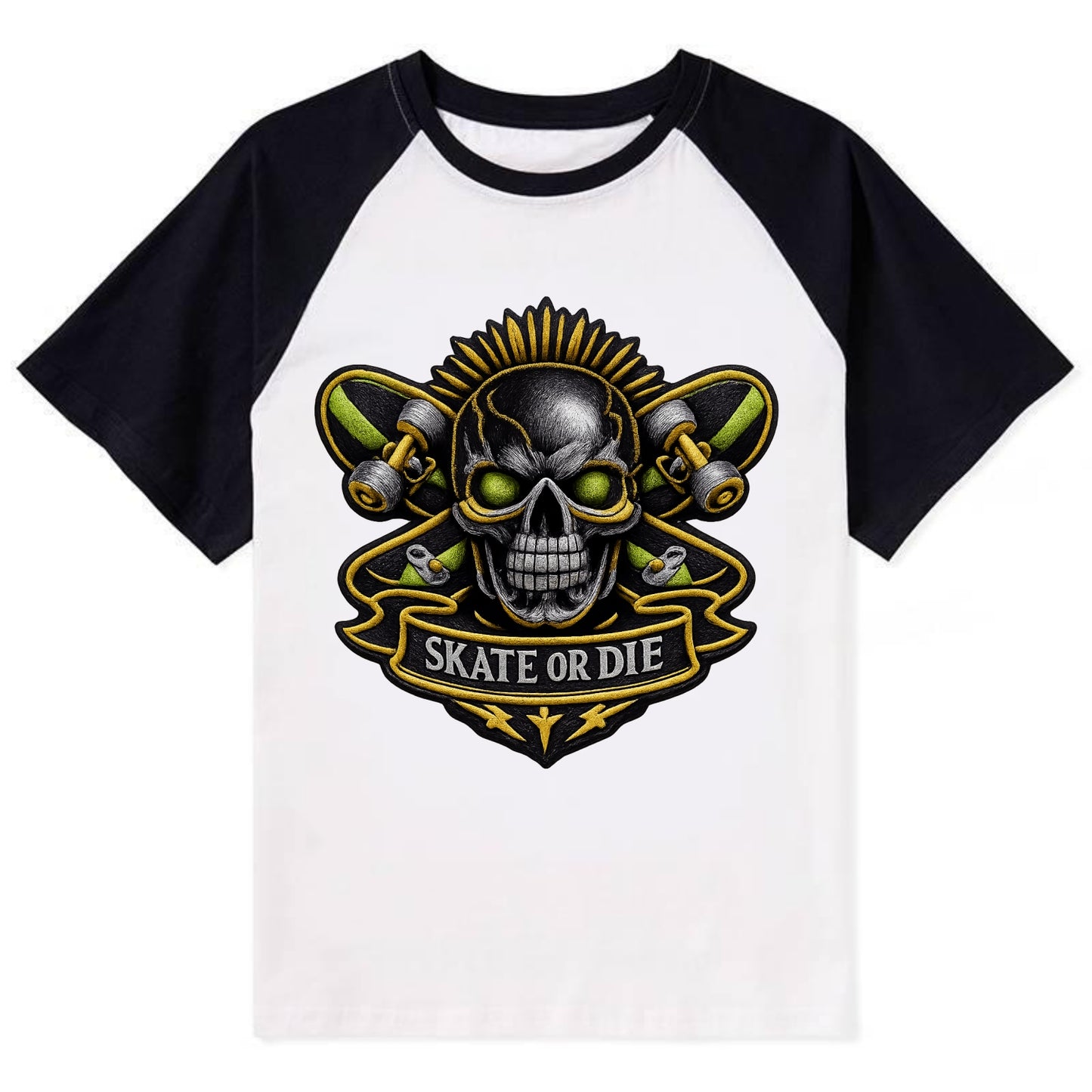 Embroidered patch design - SKATEBOARD SKULL - skull with skateboard in - Contrast Raglan T-shirt - Black