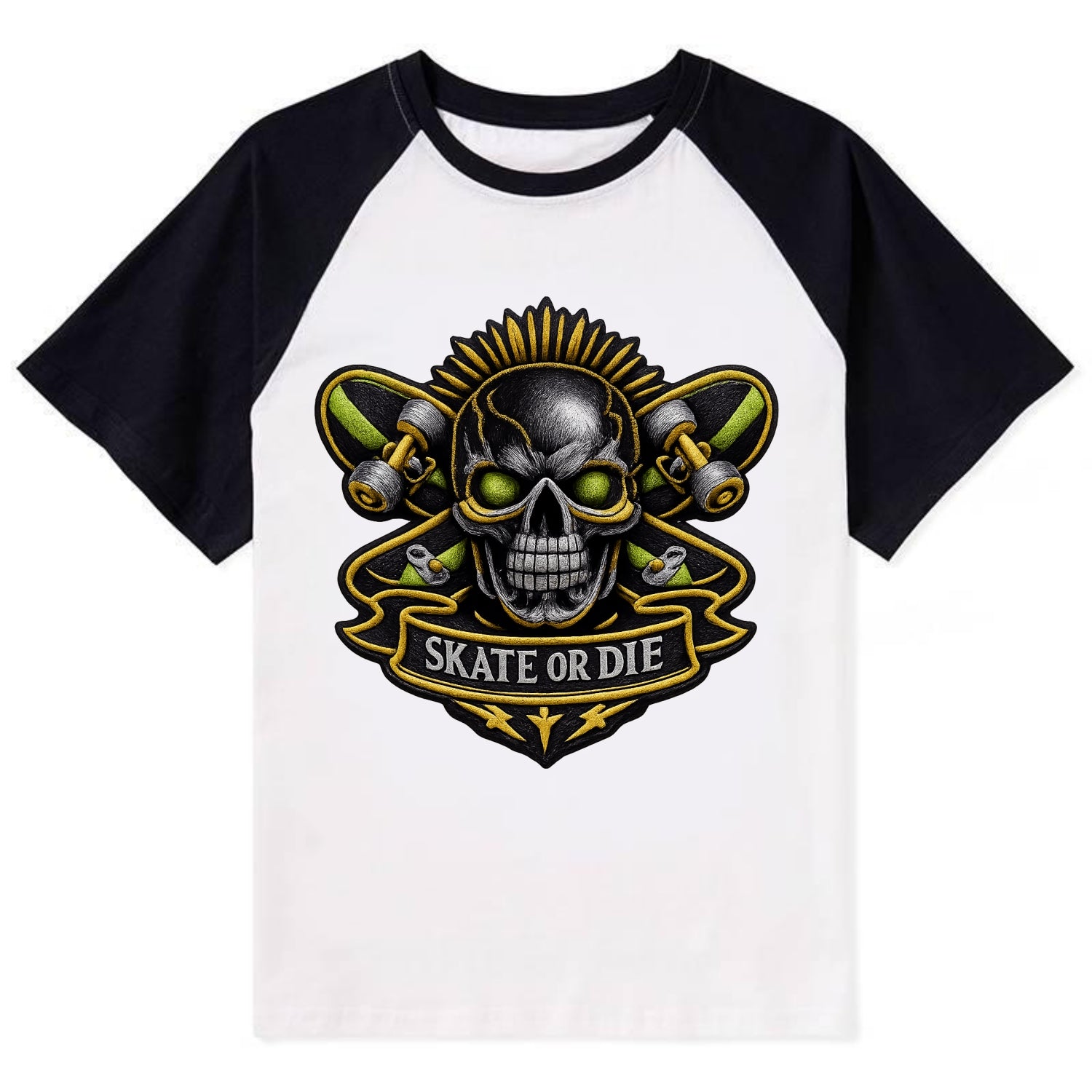 Embroidered patch design - SKATEBOARD SKULL - skull with skateboard in - Contrast Raglan T-shirt - Black