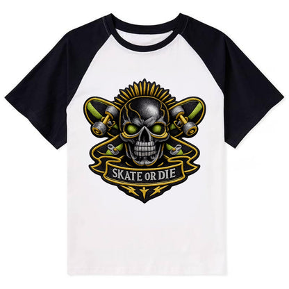 Embroidered patch design - SKATEBOARD SKULL - skull with skateboard in - Contrast Raglan T-shirt - Black
