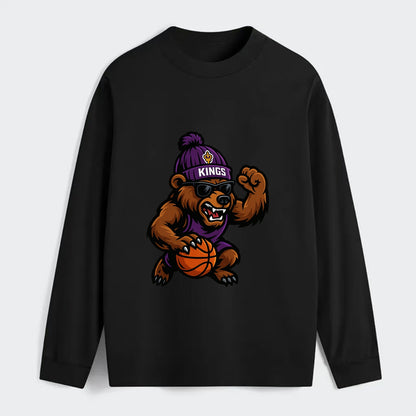 California Grizzly wearing Kings beanie with royal scepter patch and - Classic Long Sleeve Shirt - Black