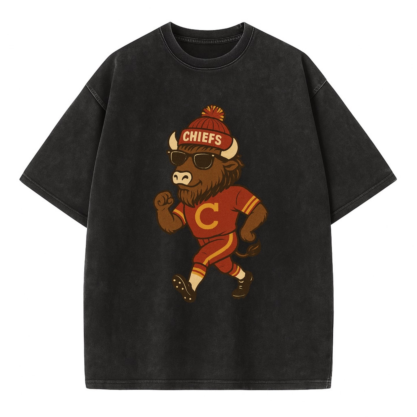 KC Bison wearing Chiefs beanie with arrowhead patch and wayfarer sunglasses - Vintage T-shirt - Black