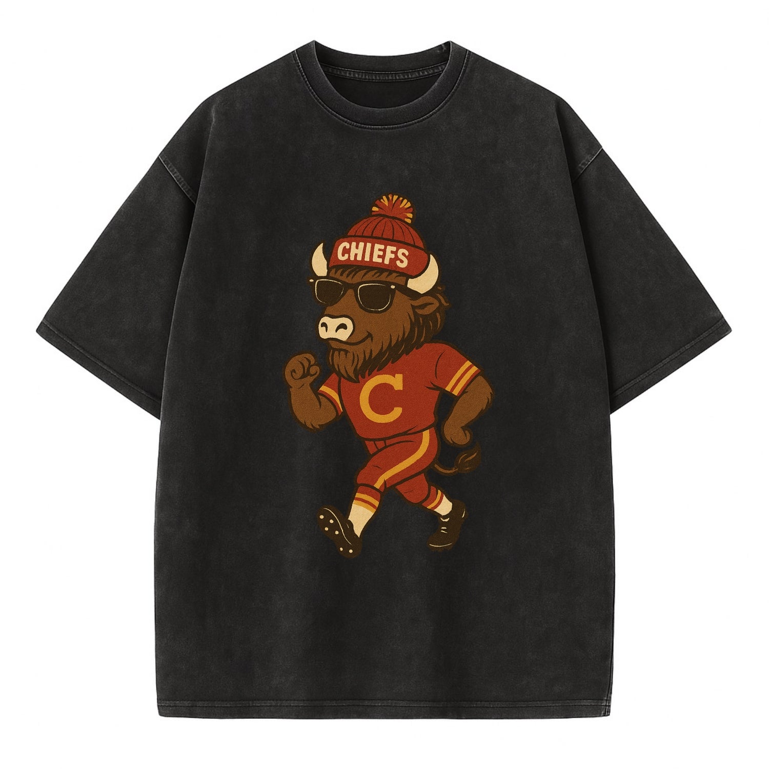 KC Bison wearing Chiefs beanie with arrowhead patch and wayfarer sunglasses - Vintage T-shirt - Black