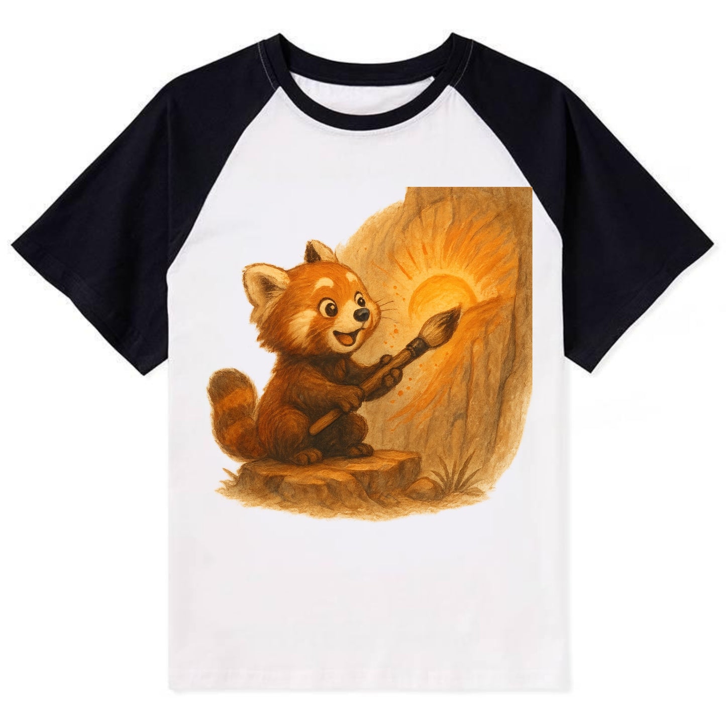 Red panda painting a sunrise mural with an oversized calligraphy brush on - Contrast Raglan T-shirt - Black