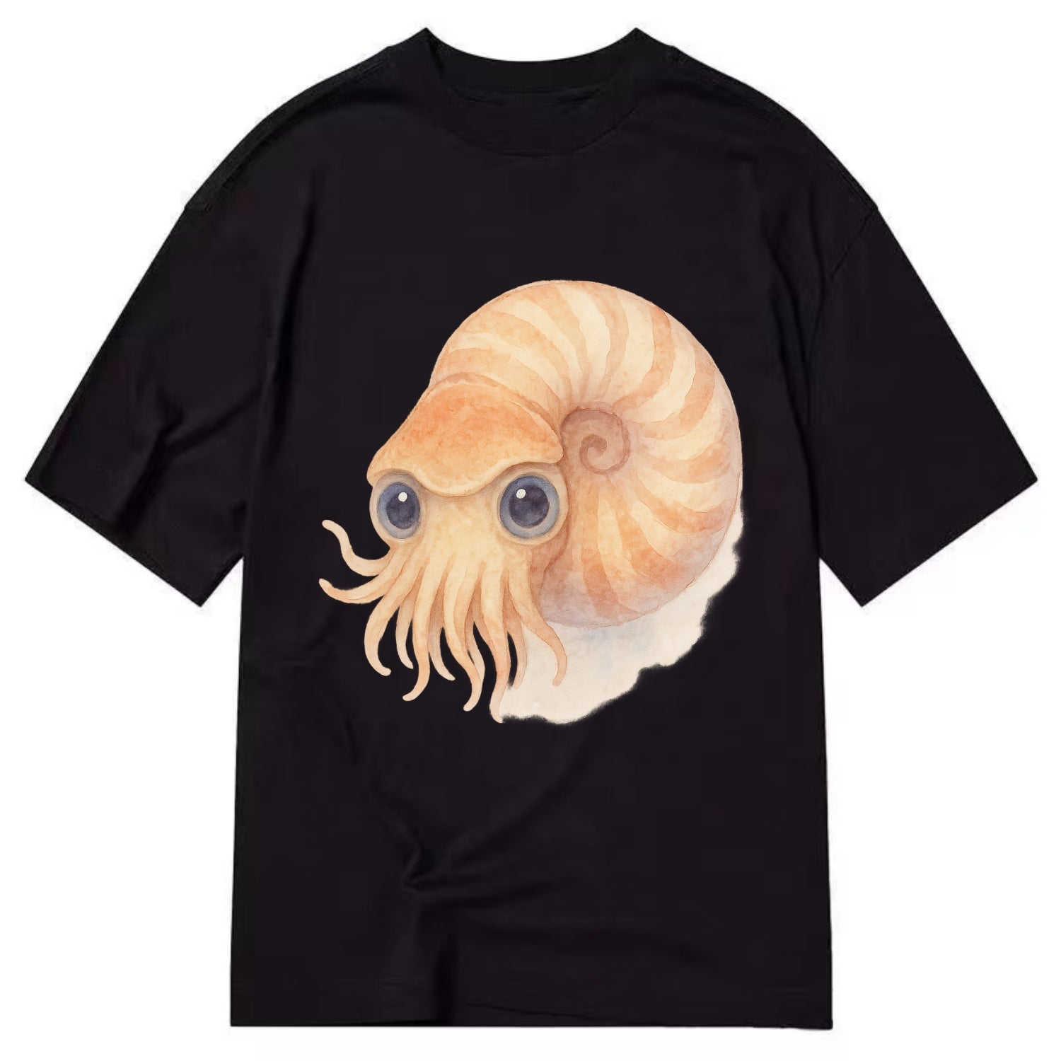 Baby Nautilus - spiral shell, tentacles peeking, ancient eyes, front-facing, - Classic T-shirt - Black