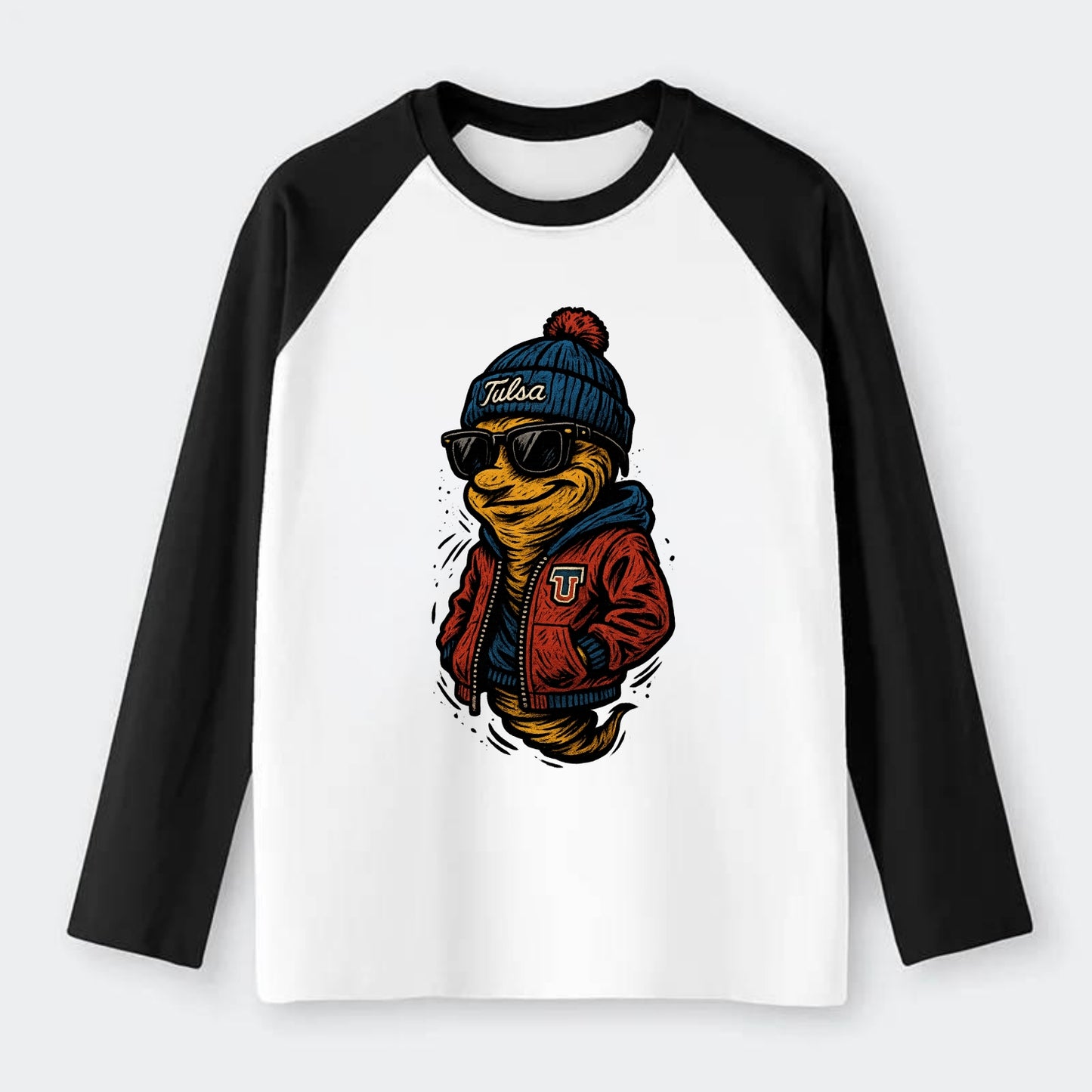 Tulsa Hurricane wearing Tulsa beanie with TU patch - Raglan Long Sleeve T-Shirt - Black