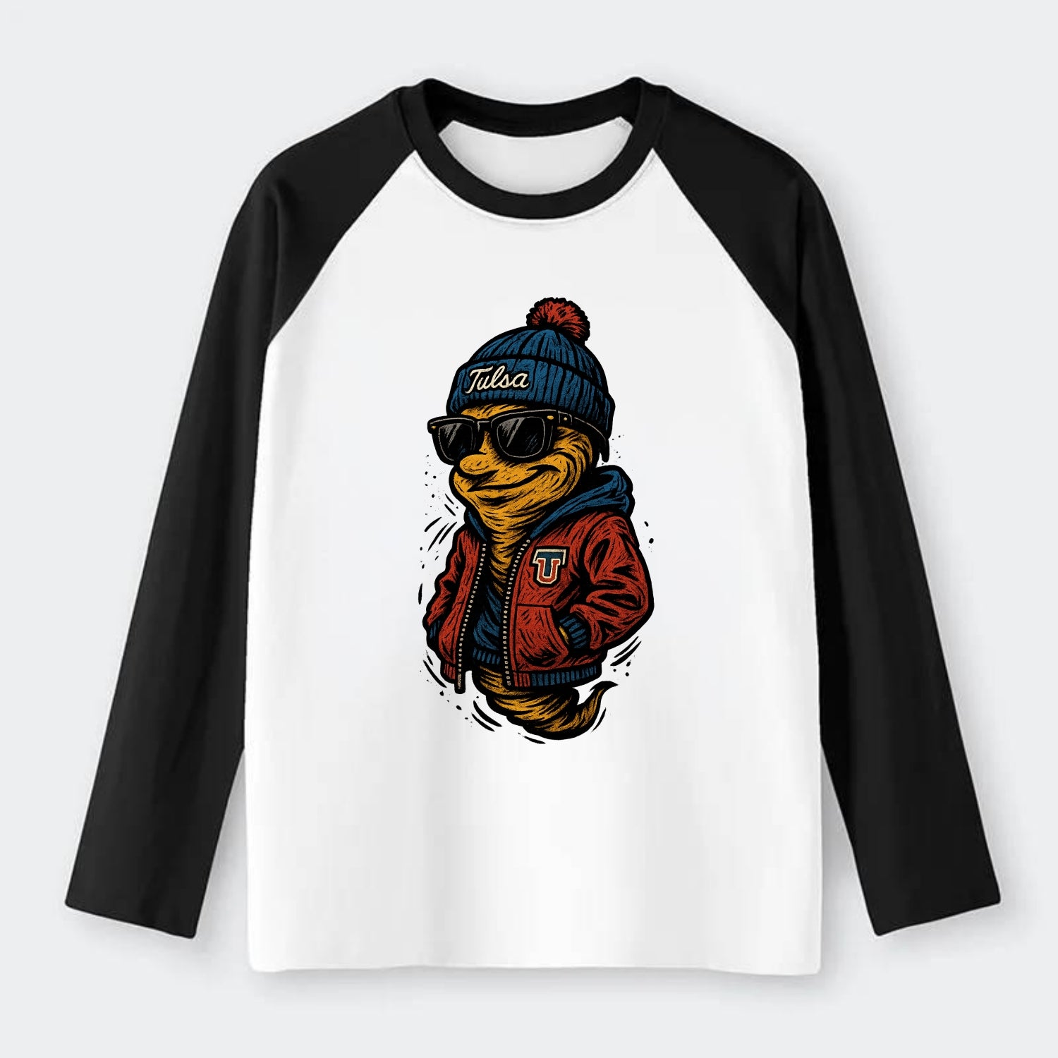 Tulsa Hurricane wearing Tulsa beanie with TU patch - Raglan Long Sleeve T-Shirt - Black