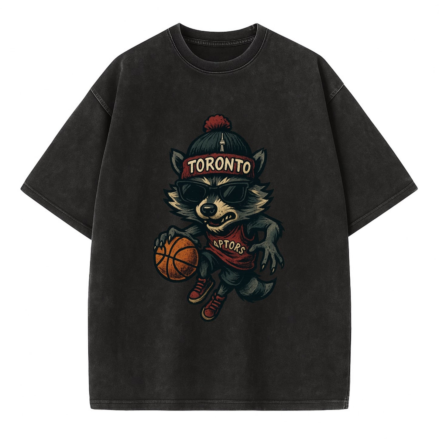 Toronto Raccoon wearing Raptors beanie with CN Tower patch and wayfarer sunglasses - Vintage T-shirt - Black