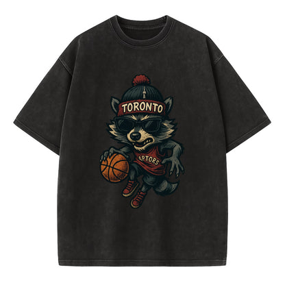 Toronto Raccoon wearing Raptors beanie with CN Tower patch and wayfarer sunglasses - Vintage T-shirt - Black