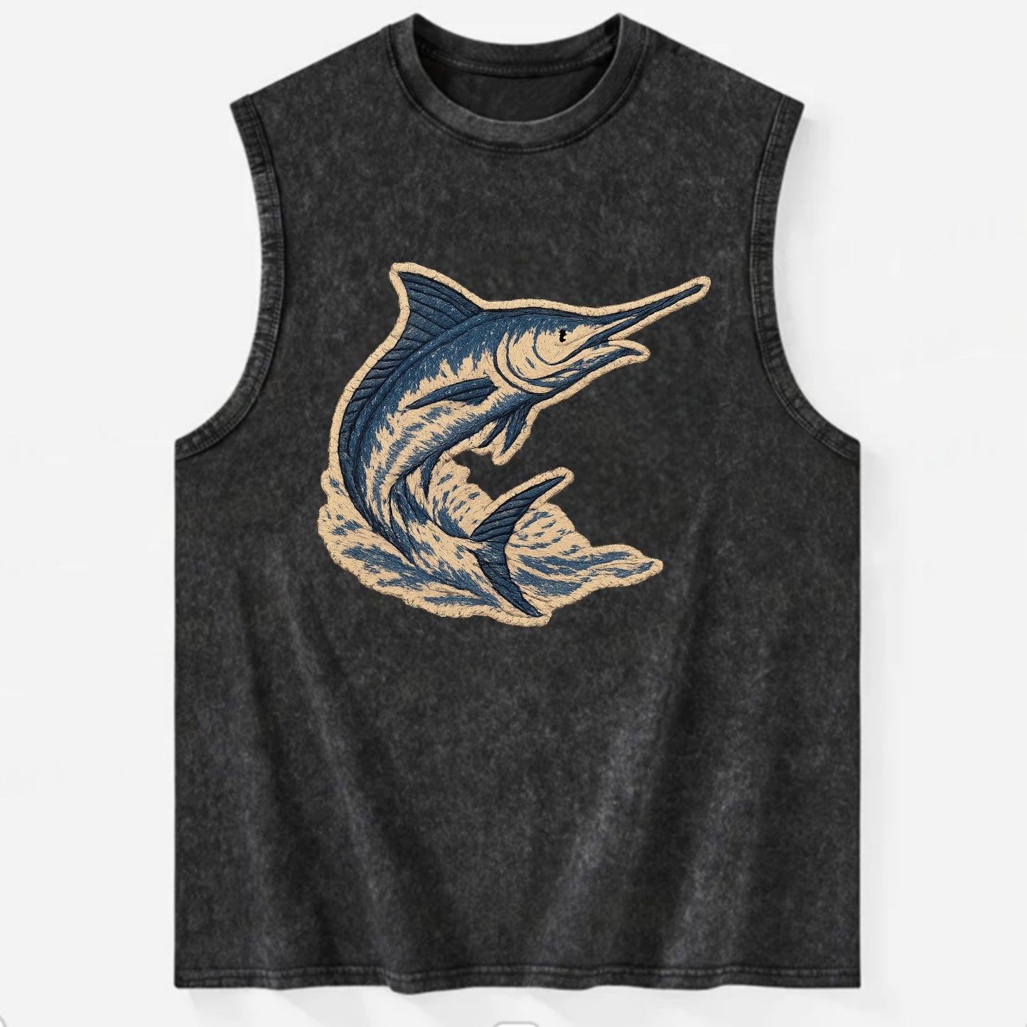 SWORDFISH MARLIN - leaping marlin in blue and silver , sport fishing - Vintage Washed Tank - Black