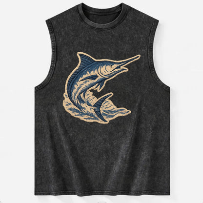 SWORDFISH MARLIN - leaping marlin in blue and silver , sport fishing - Vintage Washed Tank - Black