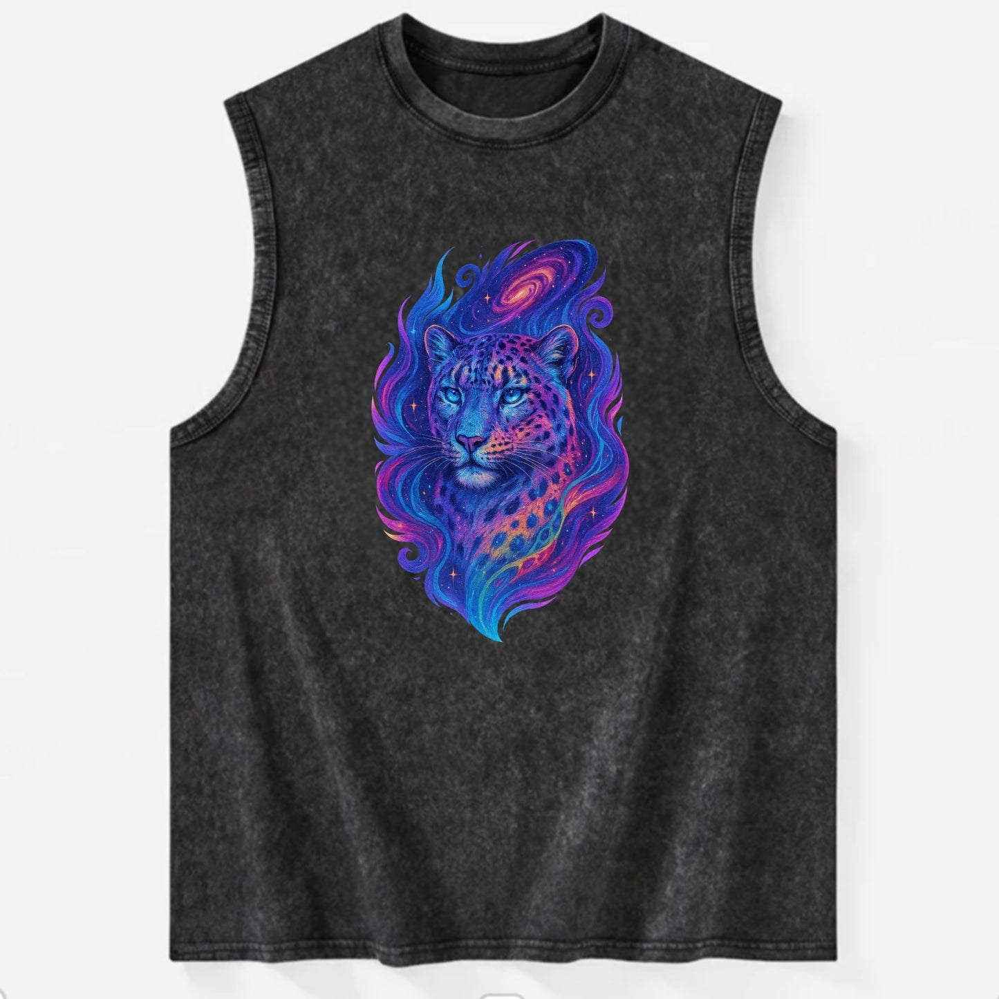 Majestic snow leopard with rainbow gradient spots, crystalline flowing - Vintage Washed Tank - Black