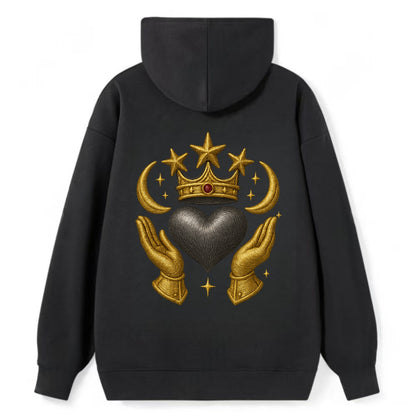 Sun goddess crown radiating golden rays over a midnight heart with - Classic Pullover Hoodie - Black
