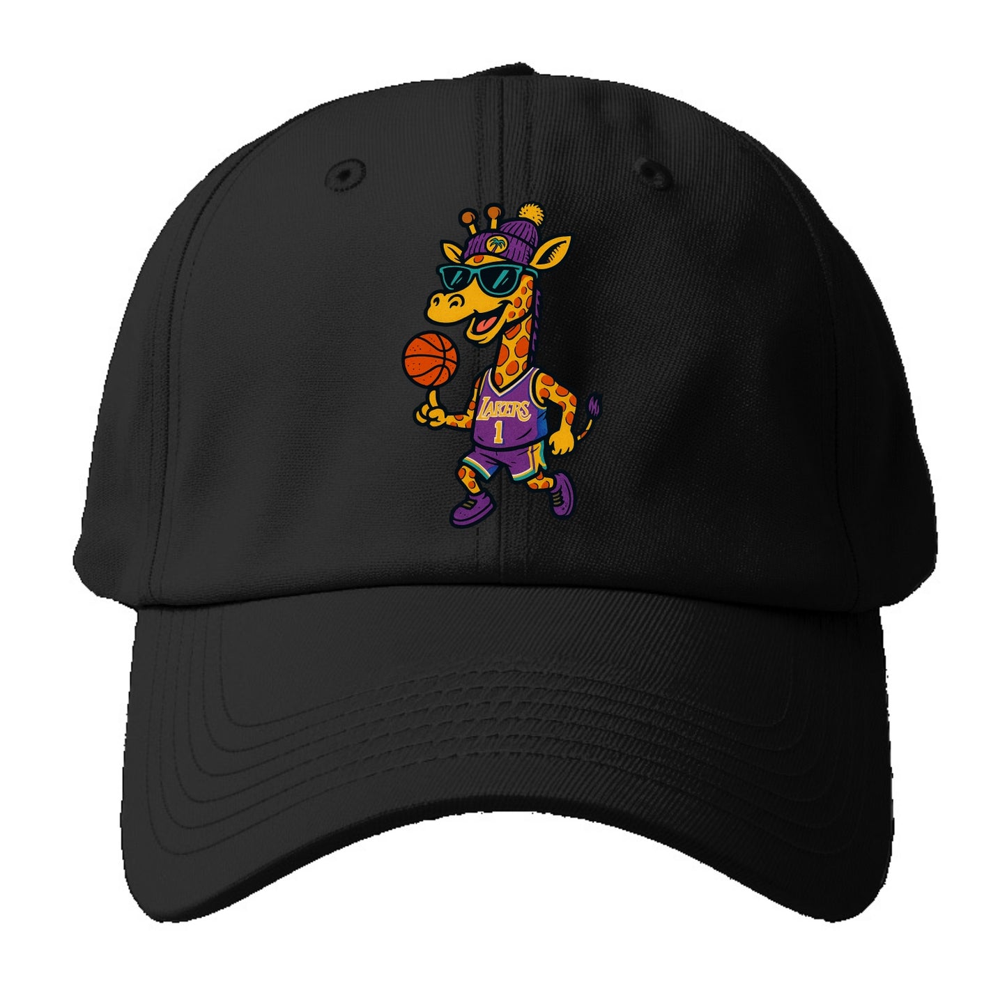 California Giraffe wearing Lakers beanie with palm tree patch and - Baseball Cap For Big Heads - Black