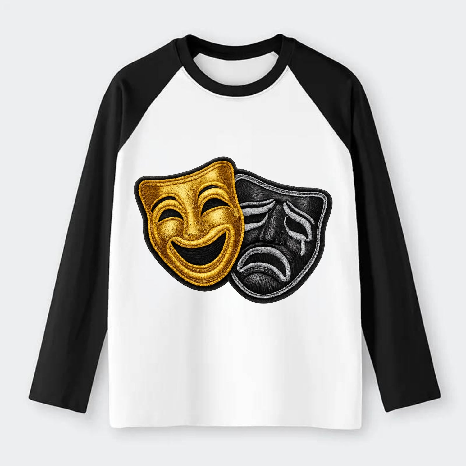 BROADWAY MASKS - comedy tragedy masks in gold and black , theater - Raglan Long Sleeve T-Shirt - Black
